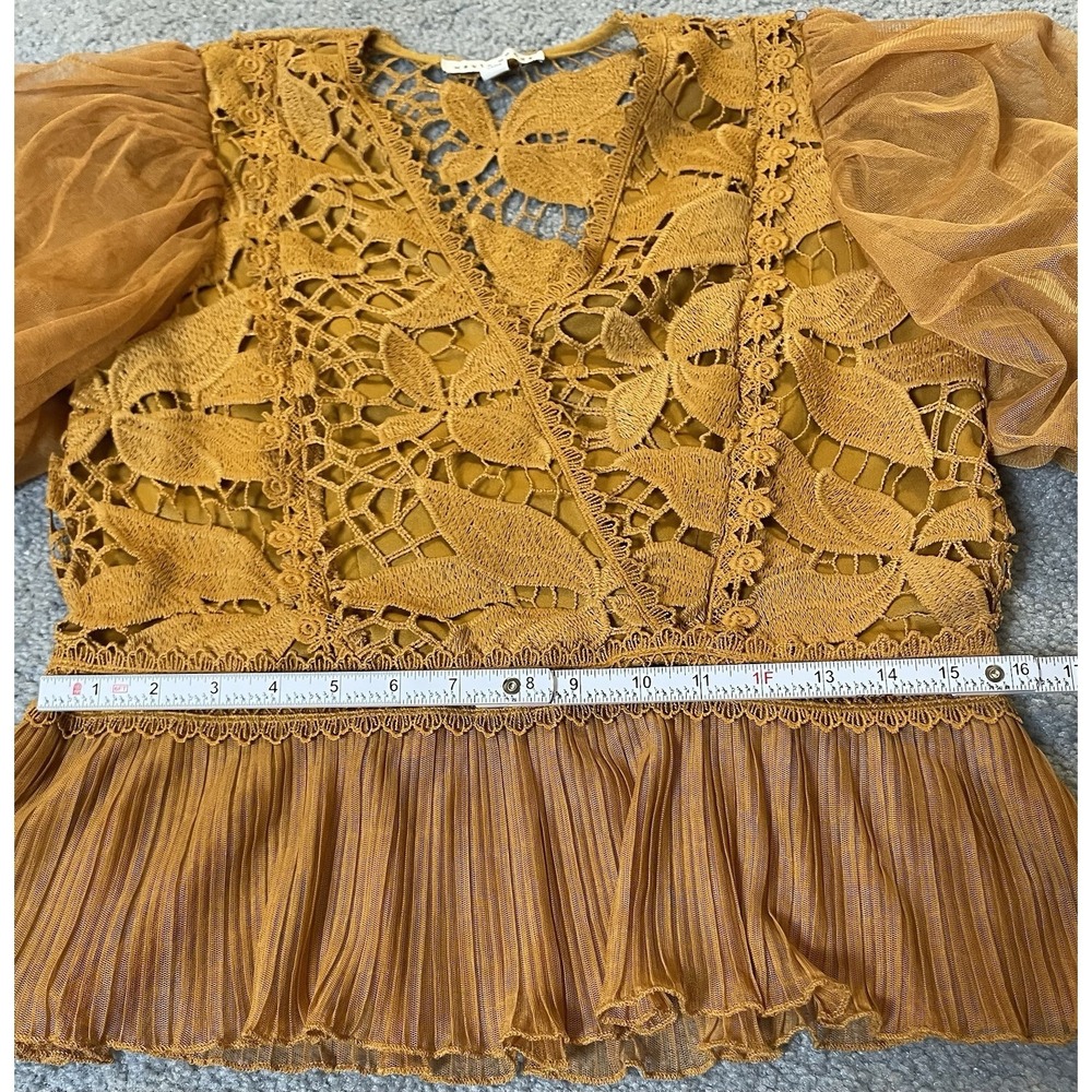 Haute Monde Floral Embroidery Peplum Blouse S Gold Lace Sheer Puff Sleeve Party - Picture 11 of 15